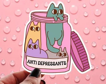 Cat Antidepressants Sticker, Jar of Cats Water Bottle Decal, Cute Kawaii Kittens, Mental Health Sticker, Anxiety Depression, Self Care