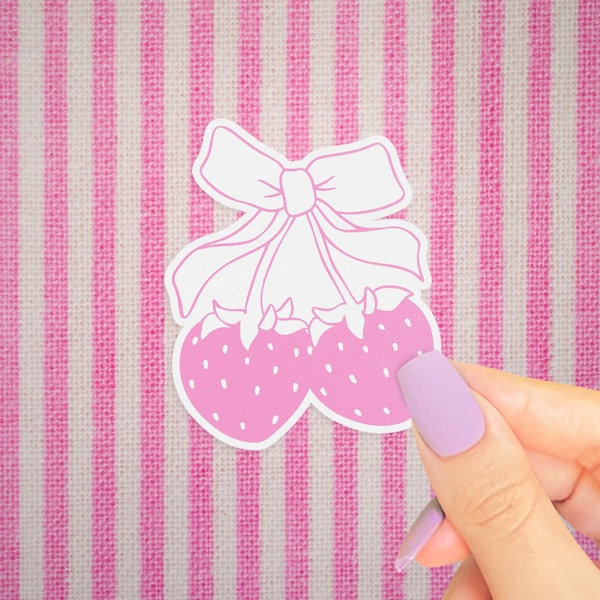 Coquette Sticker, Cute Bows, Girlish Water Bottle Decal, Holographic Strawberry Sticker, Pink Cherries, Vintage Girly Aesthetic, for Journal