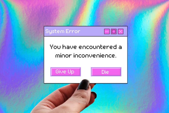 Y2k Aesthetic Pixel Sticker, Pastel Holographic Decal, I’m Having a Crisis, Minor Inconvenience, 404 System Error, Retro Computer Pop Up