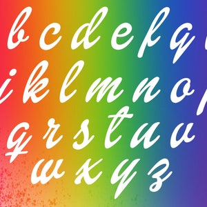May include: A colorful rainbow gradient background with a white cursive alphabet. The letters are in a handwritten style.