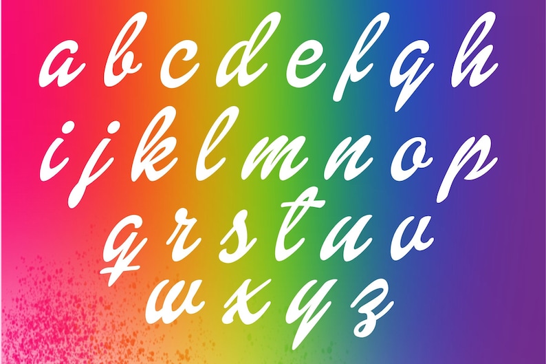 May include: A colorful rainbow gradient background with a white cursive alphabet. The letters are in a handwritten style.
