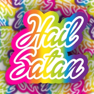 Hail Satan Rainbow Sticker, 90s Nostalgic Inspired, Gift for Atheist, Satanist, Holographic Glitter Decal, Cute Baphomet