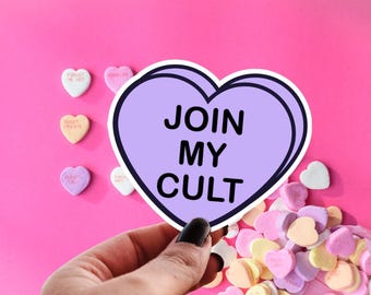Conversation Heart Candy Sticker, Join My Cult Laptop Sticker, Funny Valentine’s Day Decals, Pastel Goth Sour Hearts