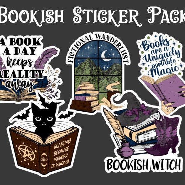 Bookish Witch Sticker Pack, Reader Gifts, Kindle Decal, Literary Water Bottle Sticker, Set of 5, Fictional Wanderlust, Books Murder is Wrong