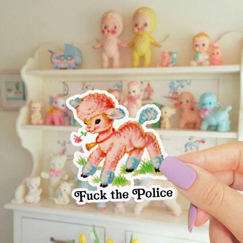 ACAB Sticker, Kitsch Fuck the Police Water Bottle Decal, Cute Retro Baby Lamb, Vintage Don’t Talk to Cops Sticker, Antifa Leftist image 1