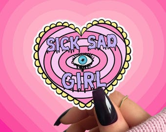 Sick Sad Girl Sticker, 90s Holographic Water Bottle Decal, Saddies are Baddies, Pastel Goth, Nostalgic Millennial Gifts, Laptop Stickers