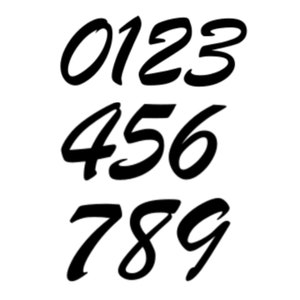 May include: A set of black handwritten numbers from 0 to 9. The numbers are written in a bold, stylized font.