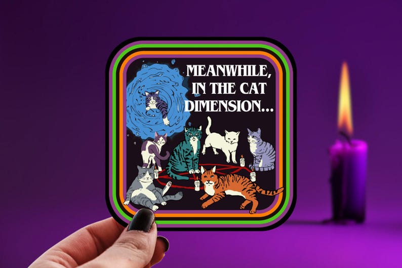 Cat Dimension Sticker, Spooky Cat Lady, Halloween Water Bottle Decal, Black Cat Witch, Retro Portal Vinyl Sticker, Demon Realm Funny image 1