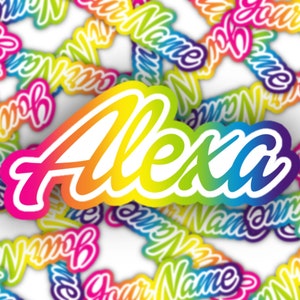 May include: A colorful sticker with the name "Alexa" written in a rainbow font. The sticker is surrounded by other stickers with the text "Your Name" in a variety of colors.