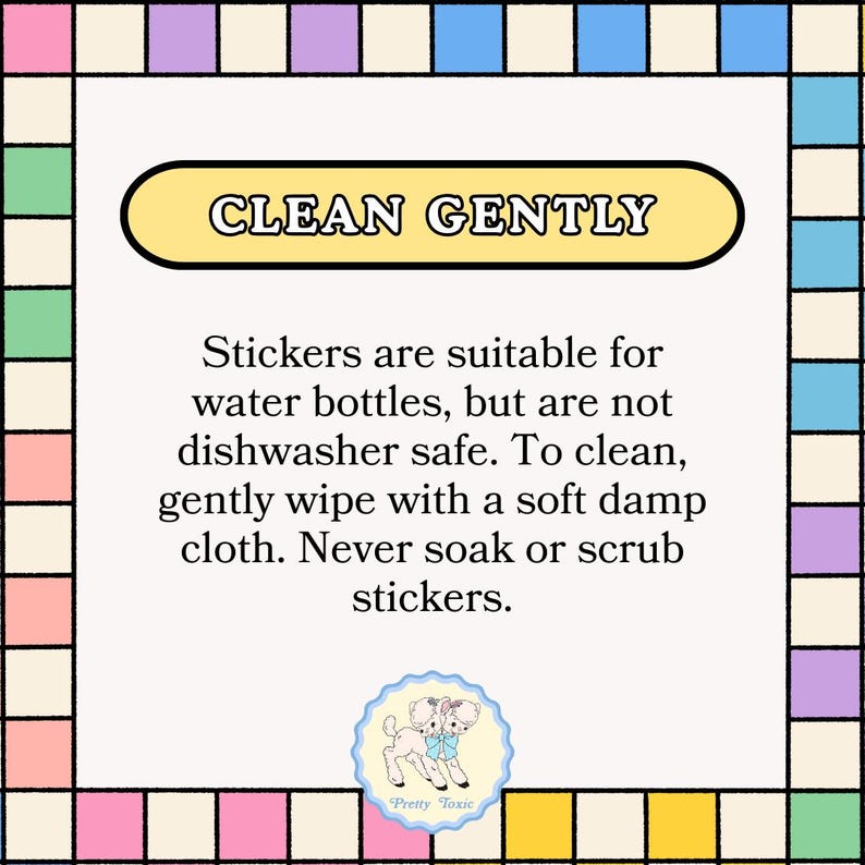 a colorful border with a message about cleaning and using stickers for water bottles.