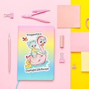 Capitalist Hellscape Sticker, Cute Kitsch Swan Bear, Anti Capitalism, Eat the Rich, Socialist Stickers, Retro Vintage Kawaii, Communist