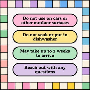 four rectangular buttons with text, each providing a different instruction or warning. The buttons are arranged in a grid-like pattern with a colorful border. The instructions are clear and concise, avoiding redundancy and providing specific guidance.