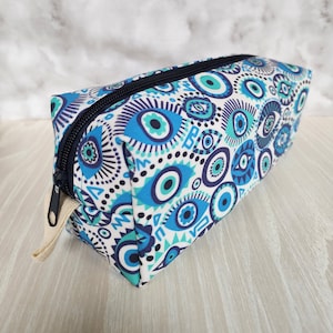 Large zipper travel pouch made with Designer Blue Evil Eye Fabric - measures 8&quot; x 4&quot; with 12&quot; zipper - FREE SHIPPING!