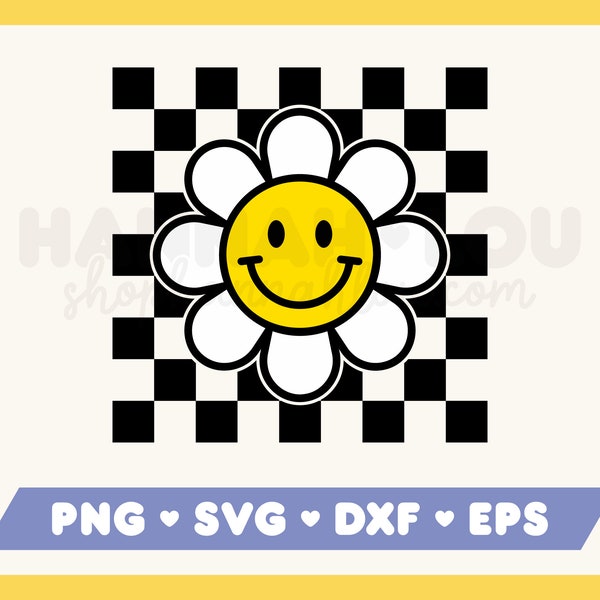 Checkered Retro Flower SVG Files for Cricut, Trendy 60s 70s Happy Face Flower PNG Sublimation Designs, Retro Daisy SVG, Commercial Use