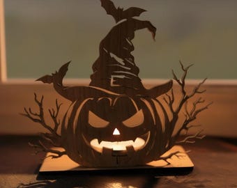 Halloween citrouille chapeau de sorcière bougeoir SVG DXF CDR téléchargement de fichiers découpés au laser