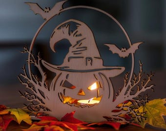Halloween citrouille chapeau de sorcière bougeoir SVG DXF CDR téléchargement de fichiers découpés au laser