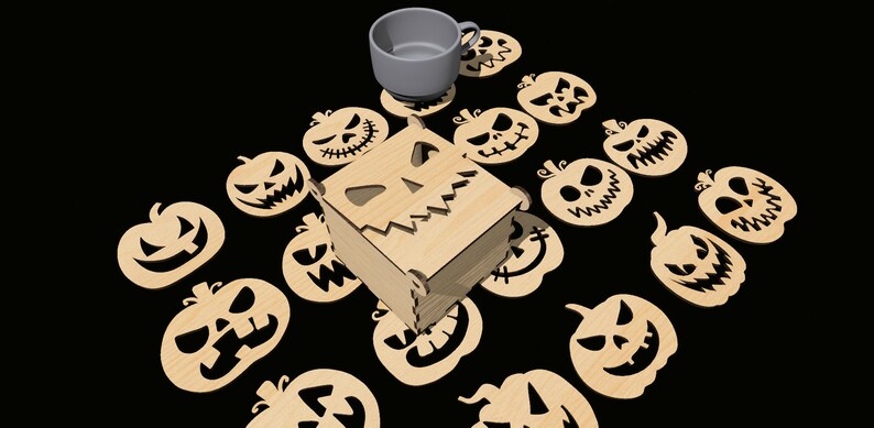 May include: A wooden box with a carved pumpkin face design, surrounded by 14 smaller wooden pumpkin cutouts with various facial expressions. The box is sitting on a black surface.
