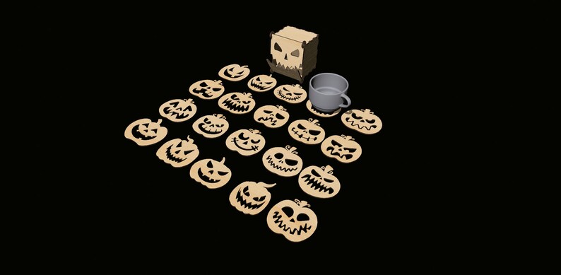 May include: A set of 20 wooden pumpkin-shaped coasters with carved jack-o'-lantern faces. The coasters are arranged in a semi-circle around a white ceramic mug. The coasters are packaged in a wooden box with a carved jack-o'-lantern face.