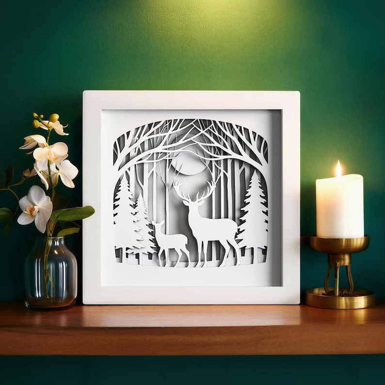 Deer Forest Sunset Shadow Box SVG, 3D Paper Laser Cut Lightbox, Stag ...