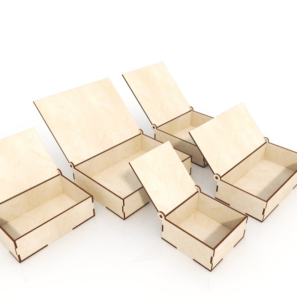 boxes with hinged lid, 5 different sizes, for wood 1/8 "or 3 mm - Svg / Cdr / Dxf Laser Cut File / Glowforge - Instant download