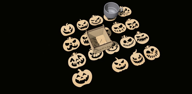 May include: A set of 15 wooden pumpkin-shaped coasters with black jack-o'-lantern faces. The coasters are arranged around a small wooden box and a gray ceramic mug.