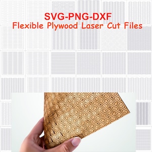 Op de afbeelding: Een verzameling lasergesneden bestanden voor flexibel multiplex. De afbeelding toont verschillende patronen en ontwerpen, waaronder geometrische vormen en lineaire arrangementen. De tekst "SVG-PNG-DXF Flexible Plywood Laser Cut Files" is weergegeven in oranje en rood.