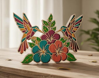 Décoration murale 3D multicouche Colibri et Hibiscus (SVG, DXF, CDR, PDF) | Fichier de découpe laser | Décoration intérieure en contreplaqué (oiseau et fleur) | Téléchargement numérique