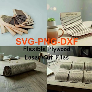 May include: A collection of laser-cut flexible plywood samples in various shapes and patterns. The image includes a fan-shaped display, curved pieces, and rolled-up plywood. Text overlay reads "SVG-PNG-DXF Flexible Plywood Laser Cut Files."