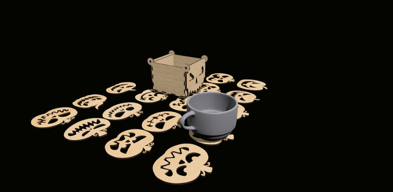 May include: A set of 10 wooden pumpkin-shaped coasters with a spooky face design. The coasters are arranged around a gray ceramic mug and a wooden box with a pumpkin face design.