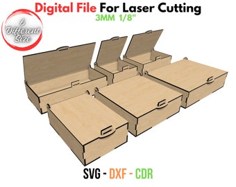 Scatola tagliata al laser con coperchio ribaltabile, scatola di sei dimensioni diverse, per materiale da 3 mm 1/8 di pollice, GlowForge, SVG, DXF, file Xtool della scatola tagliata al laser CDR