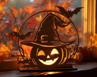 Halloween citrouille chapeau de sorcière bougeoir SVG DXF CDR téléchargement de fichiers découpés au laser