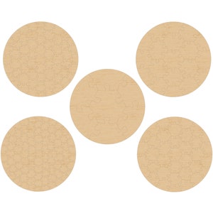 May include: Five round, beige wood jigsaw puzzle pieces with intricate designs. The pieces are arranged in a pattern resembling a flower.