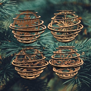 Set of 4 3D wooden snowflake baubles, layered spiral Christmas ornaments, laser cut winter tree decorations, SVG, DXF, Cdr, Christmas Tree.
