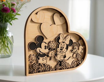 Coeur de Mickey Minnie Mouse multicouche SVG DXF 6 couches découpé au laser cadeau Saint-Valentin
