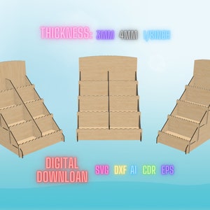 Espositore da banco per vendita al dettaglio in tre diverse dimensioni - Espositore a più livelli - File tagliati al laser per legno spesso 3 mm, 4 mm e 1/8" - Formato SVG