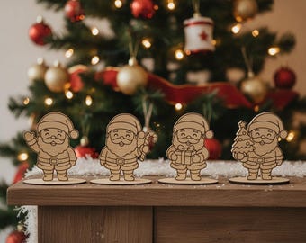 Ensemble de 4 figurines de Père Noël en bois, gravées et décorées pour les étagères, ornements d'hiver découpés au laser, formats SVG, DXF et CDR.