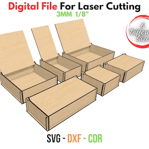 Pudełko wycinane laserowo z odchylaną pokrywką, sześć pudełek o różnych rozmiarach, do materiałów o grubości 3 mm i 1/8 cala, GlowForge, Xtool, SVG, DXF, pliki laserowe CDR Box svg