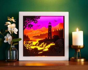 Phare coucher de soleil ombre boîte SVG, papier 3D découpé au Laser, boîte à lumière paysage marin côtier, fichier laser nautique Papercut