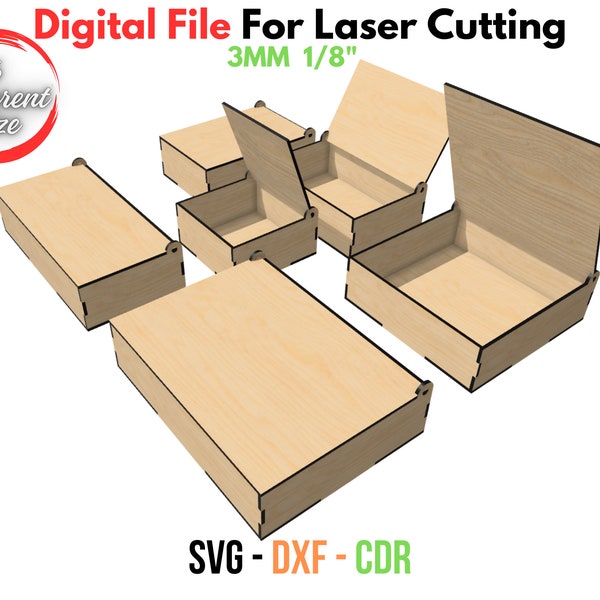 Laser Cut Box With Flip Up Lid , Six Different Size Box , for 3mm, 1/8inch material , GlowForge , Xtool, SVG , DXF , CDR Box laser files svg