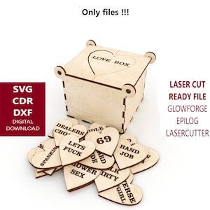 Love Box Set 20 Tokens and Box - Laser cut files SVG, DXF - cnc pattern - Gag Gift - Adult - Bedroom - bang box svg - bang