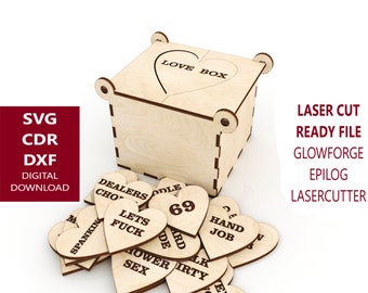 Love Box Set 20 Tokens and Box - Laser cut files SVG, DXF - cnc pattern - Gag Gift - Adult - Bedroom - bang box svg - bang