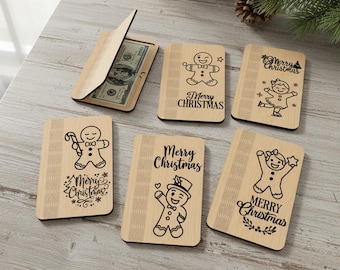 Lot de 5 porte-monnaie de Noël SVG, lot de 5 porte-cartes cadeau pain d'épice, découpé au laser DXF CDR Glowforge Xmas Cash Card