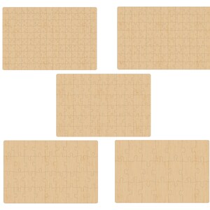 Könnte beinhalten: Digitale Datei für Laserschneiden mit fünf Holzpuzzles. Die Puzzles haben verschiedene Größen und Formen mit ineinandergreifenden Teilen. Der Text "Digital File For Laser Cutting" ist rot und "SVG - DXF - CDR" ist grün.