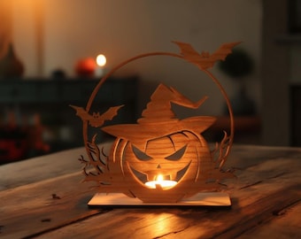 Halloween citrouille chapeau de sorcière bougeoir SVG DXF CDR téléchargement de fichiers découpés au laser