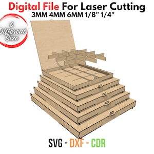 Organiseur de rangement pour fichiers découpés au laser - boîtes avec couvercle rabattable et compartiment - 6 tailles - plusieurs matériaux - Glowforge SVG