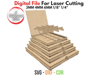 Organiseur de rangement pour fichiers découpés au laser - boîtes avec couvercle rabattable et compartiment - 6 tailles - plusieurs matériaux - Glowforge SVG