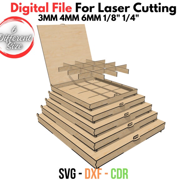 Laser Cut Files Box Storage Organizer - Boxes with Flip lid and compartment - 6 Sizes - Multiple Materials - Glowforge SVG