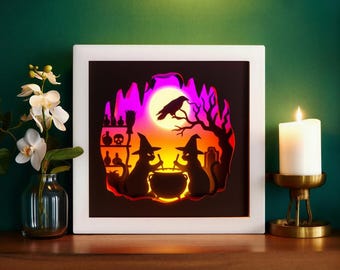Halloween sorcière chats ombre boîte SVG, papier 3D découpé au laser, caisson lumineux chaudron corbeau lune, effrayant fichier laser papercut