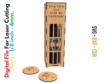 Caja de vino + portavasos de regalo. Archivos cortados por láser planos vectoriales SVG, DXF, CDR. caja de vino encarcelado- Archivo digital de caja de vino de 3 mm, 1/8 pulgadas y 4 mm. Vino Xtool