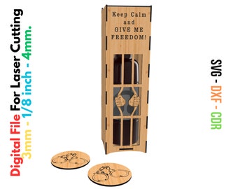 Wine box + gift cup holder. Laser cut files SVG, DXF, CDR vector plans. jailed wine box-  3mm 1/8inch 4mm Wine Box Digital File. Xtool Wine